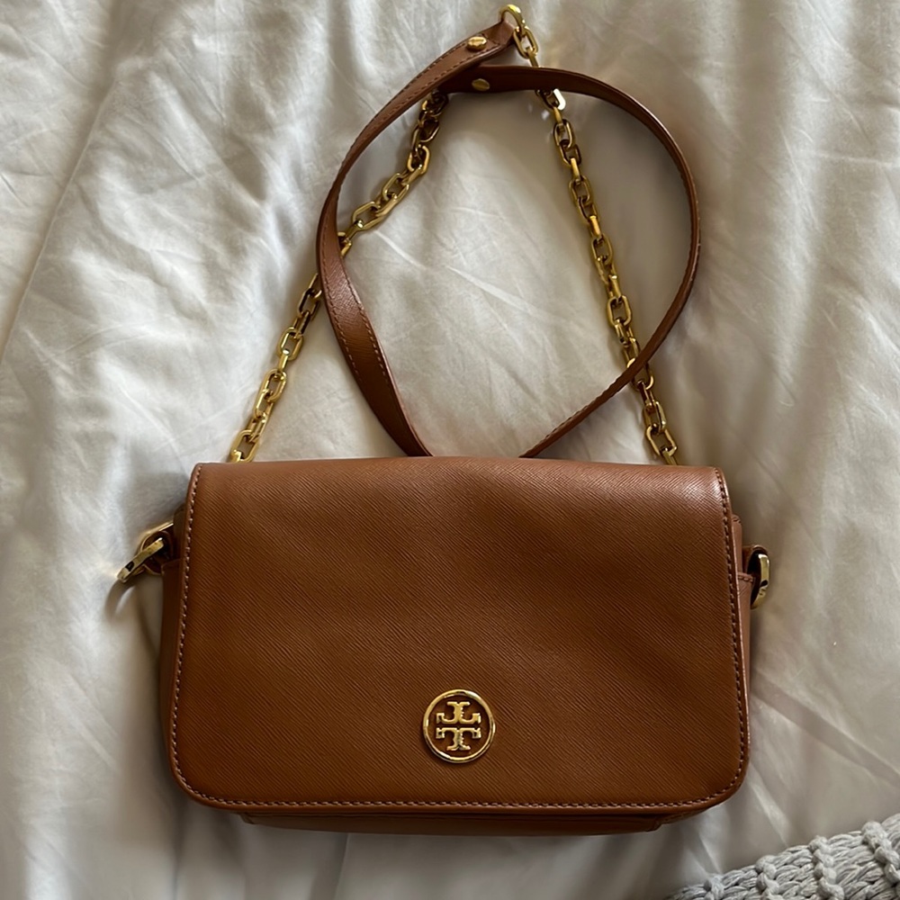 Tory Burch tan Leather Robinson Chain Crossbody Bag